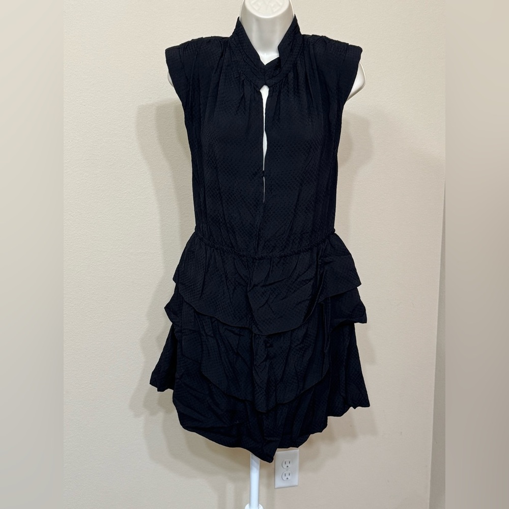 Iro Calcie Women’s Black High Neck Padded Shoulder Tiered Mini Cocktail Dress 36
